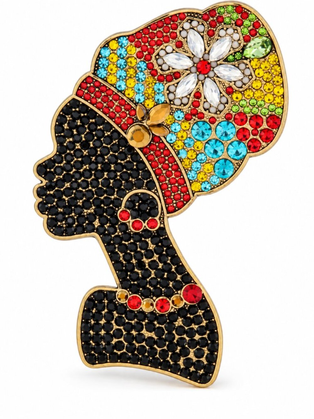 Rhinestone Woman Silhouette Brooch with Colorful Headwrap